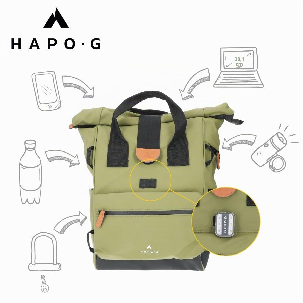 Hapo-G - Sacoche arrière roll-top convertible sac à dos MEDIUM - 22L - KAKI - Waterproof et déperlant - Compartiment ordinateur 14" - Poches zippées - Fixation porte-bagages - Idéal pour vélo