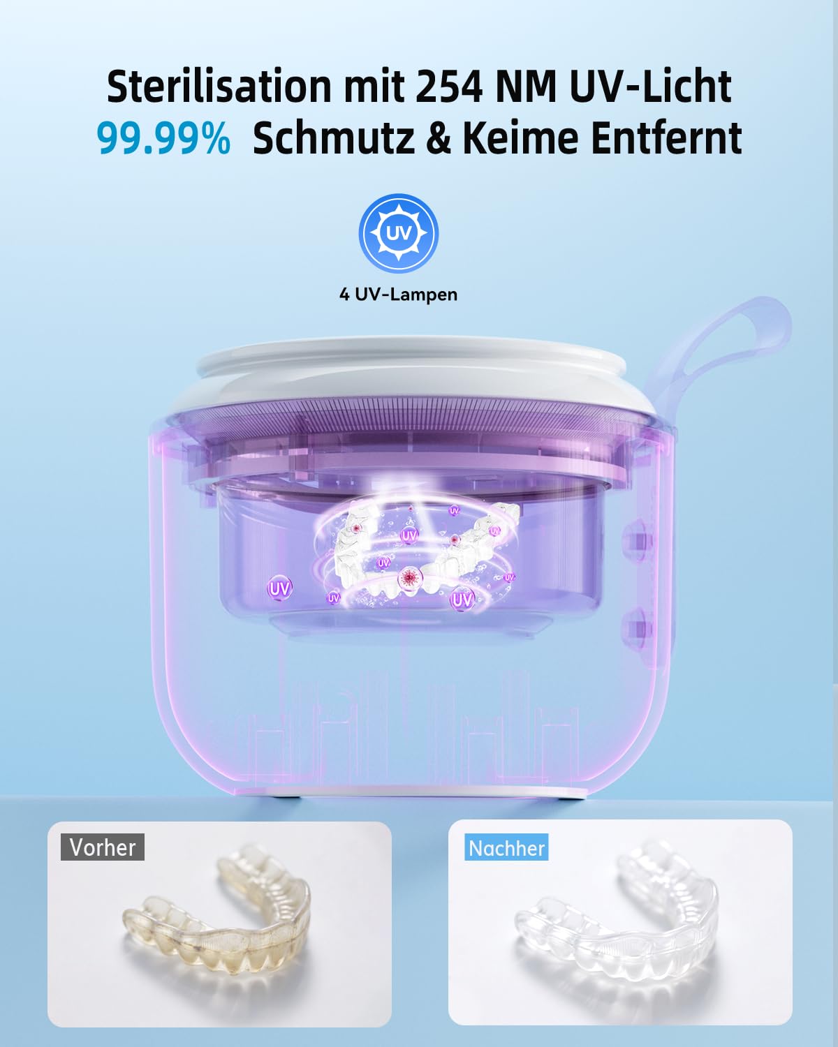JeaTone Ultraschallreinigungsgerät Zahnschiene Kabellos - 48kHz Dental Pod mit UV-Licht & 2000mAh Akku - IPX5 Wasserdichtes Ultraschallreiniger für Retainer, Aligner, Zahnersatz & Schmuck - 200ml