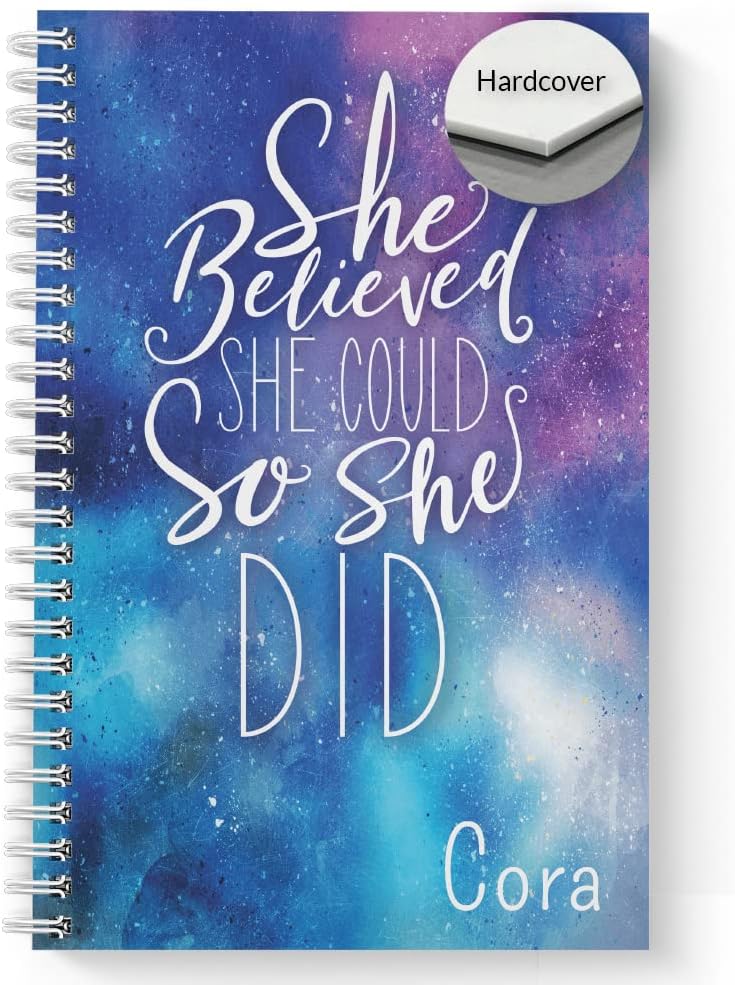 HARDCOVER She Believed Personalized Motivational Notebook/Journal, Satin Matte Finish, 120 pages of your selected paper, lay flat wire-o spiral. Size: 8.5” x 11”. Made in the USA