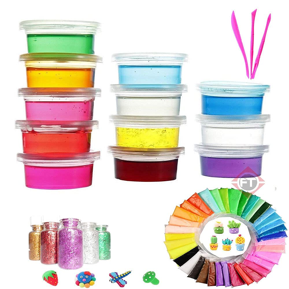 Firstly Traders Air Dry Clay Ultra Light Modeling Magic Foam Clay DIY Creative Modeling Dough + Crystal Slime Kit Set for Girls Boys Toys Kids Art Craft with Glitter and Tool (12 Slime tub, 48 Clay) (B096Q7LZS3) Amazon Price History, Amazon Price Tracker