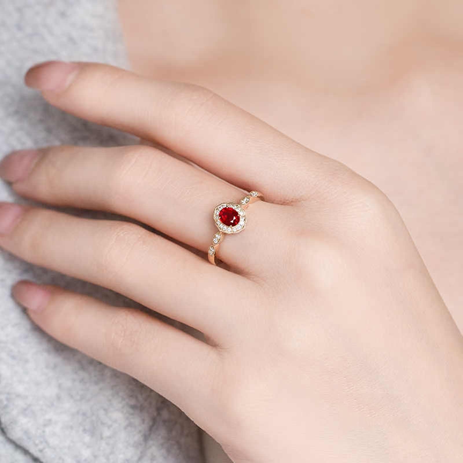 Złoty pierścionek damski 375 owalny pierścionek z 4 pazurami, 0,45 ct rubin i diament, pierścionki złoto 375, prawdziwe dla Ciebie, rozmiar 60 (19,1), żółte złoto 9 K, modna biżuteria na