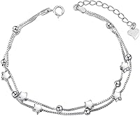 Vista 1 de Pulsera de plata de ley S925 con cuentas de corazón y estrellas de doble cadena, ajustable, regalo para mujeres y niñas, de 7 + 2 pulgadas