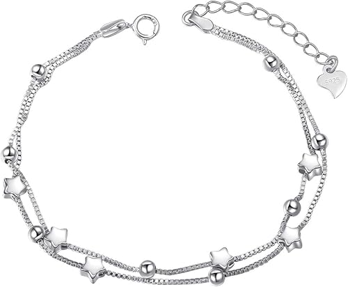 Pulsera de plata de ley S925 con cuentas de corazón y estrellas de doble cadena, ajustable, regalo para mujeres y niñas, de 7 + 2 pulgadas