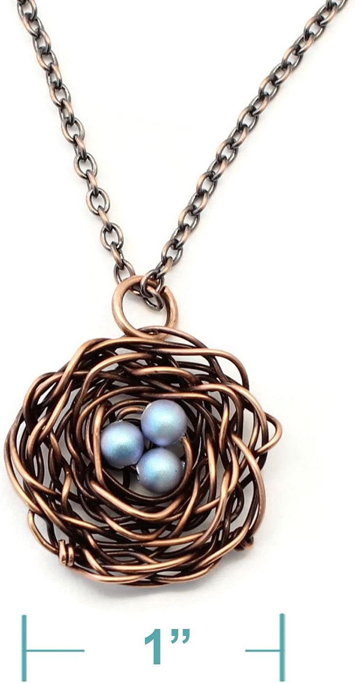 Pillar of Salt Studio Handcrafted Copper Bird Nest Pendant with Simulated Pearl Eggs (18" Chain, Iridescent Light Blue)