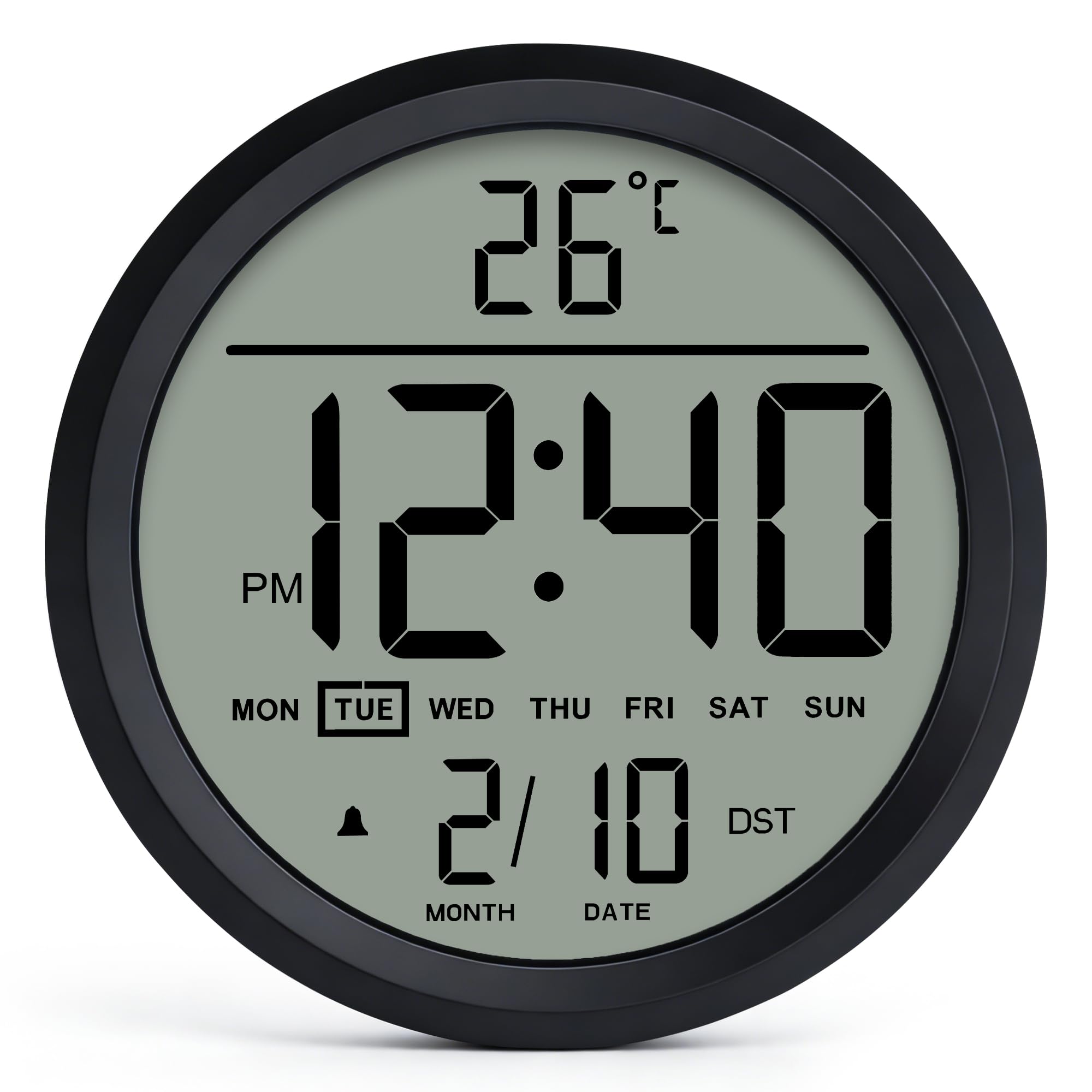 Runden Digitale Wanduhr 20cm, Groß Uhr mit Temperaturanzeige, Datum, Sommerzeit, Kalender, 12/24h, Wecker mit Werktags/Wochenend-Modus für Schlafzimmer Wohnzimmer
