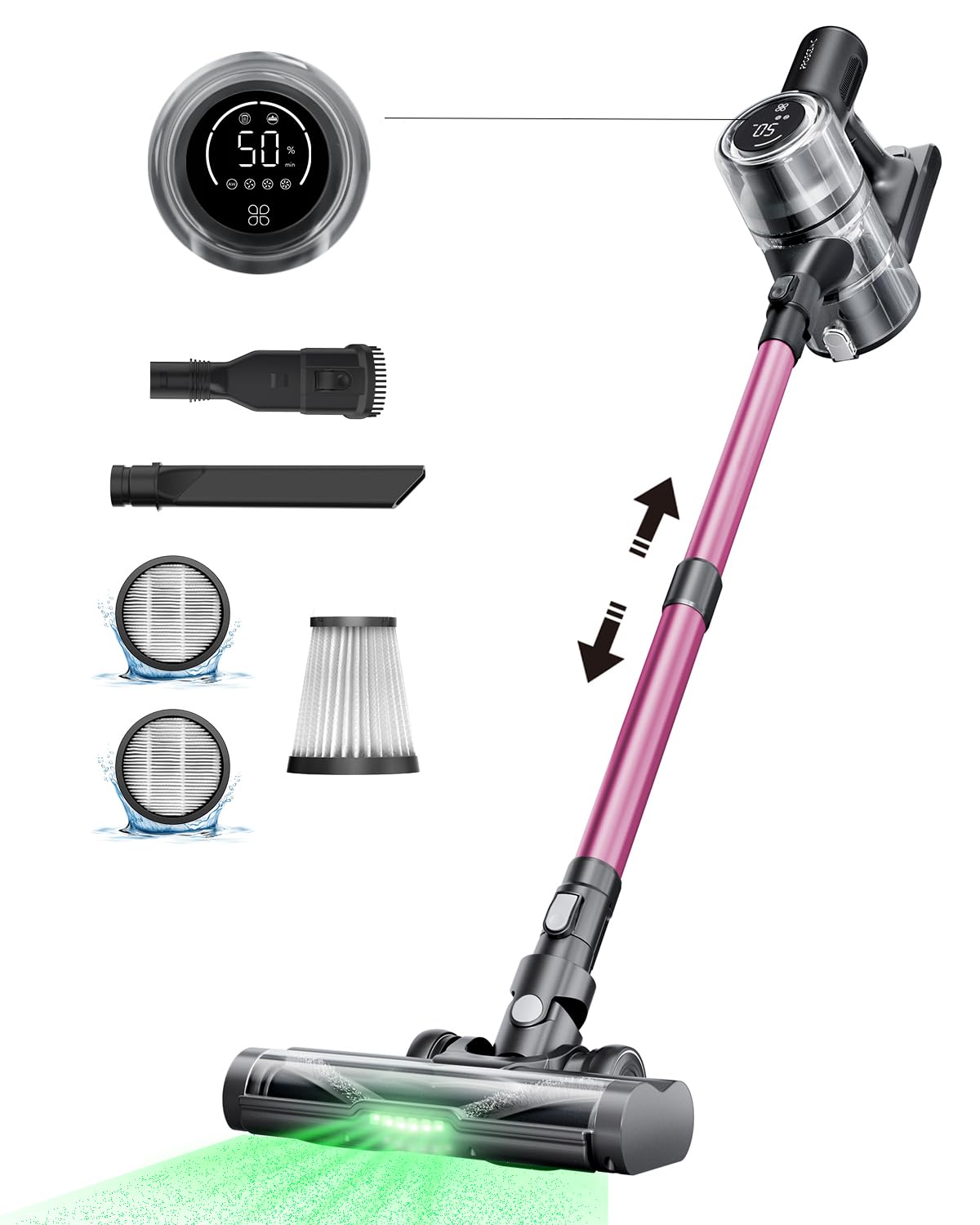 Proscenic Cordless Vacuum Cleaner, 45Kpa 50Mins Runtime Vacuum Cleaners for Home with Green Light, Anti-Tangle, LED Display, Lightweight Stick Vacuum for Pet Hair, Floor&amp;Carpet, P13(Pink)