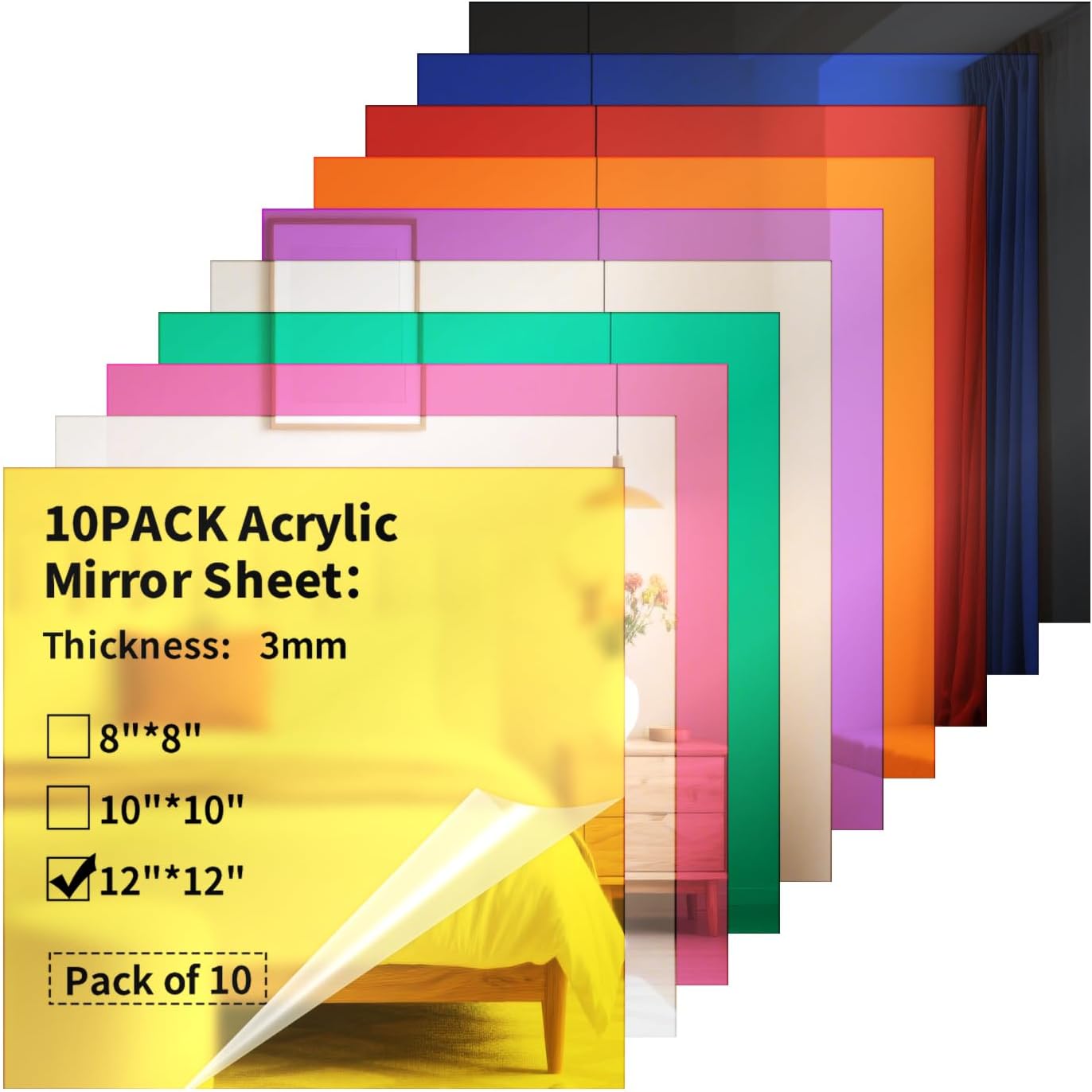 Acrylic Mirror Sheets 1/8 โ Thick - 10 Pack 12 X 12 inch Muliticolored Plexiglass Panels Blanks for Laser Cutting and Engraving for DIY Crafts Projects