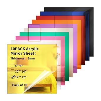 Acrylic Mirror Sheets 1/8 Thick - 10 Pack 12 X 12 inch Muliticolored Plexiglass Panels Blanks for Laser Cutting and Engraving for DIY Crafts Projects