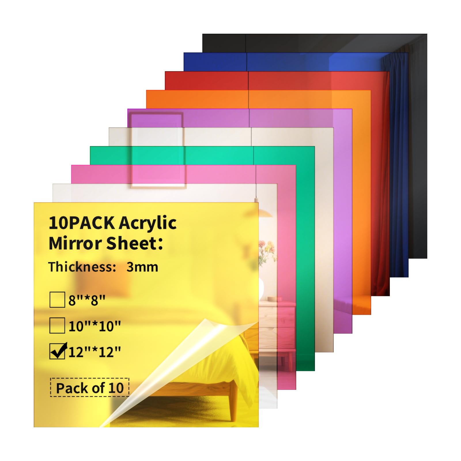 Gdhwxcl Acrylic Mirror Sheets 1/8 ” Thick - 10 Pack 12 X 12 inch Muliticolored Plexiglass Panels Blanks for Laser Cutting and Engraving for DIY Crafts