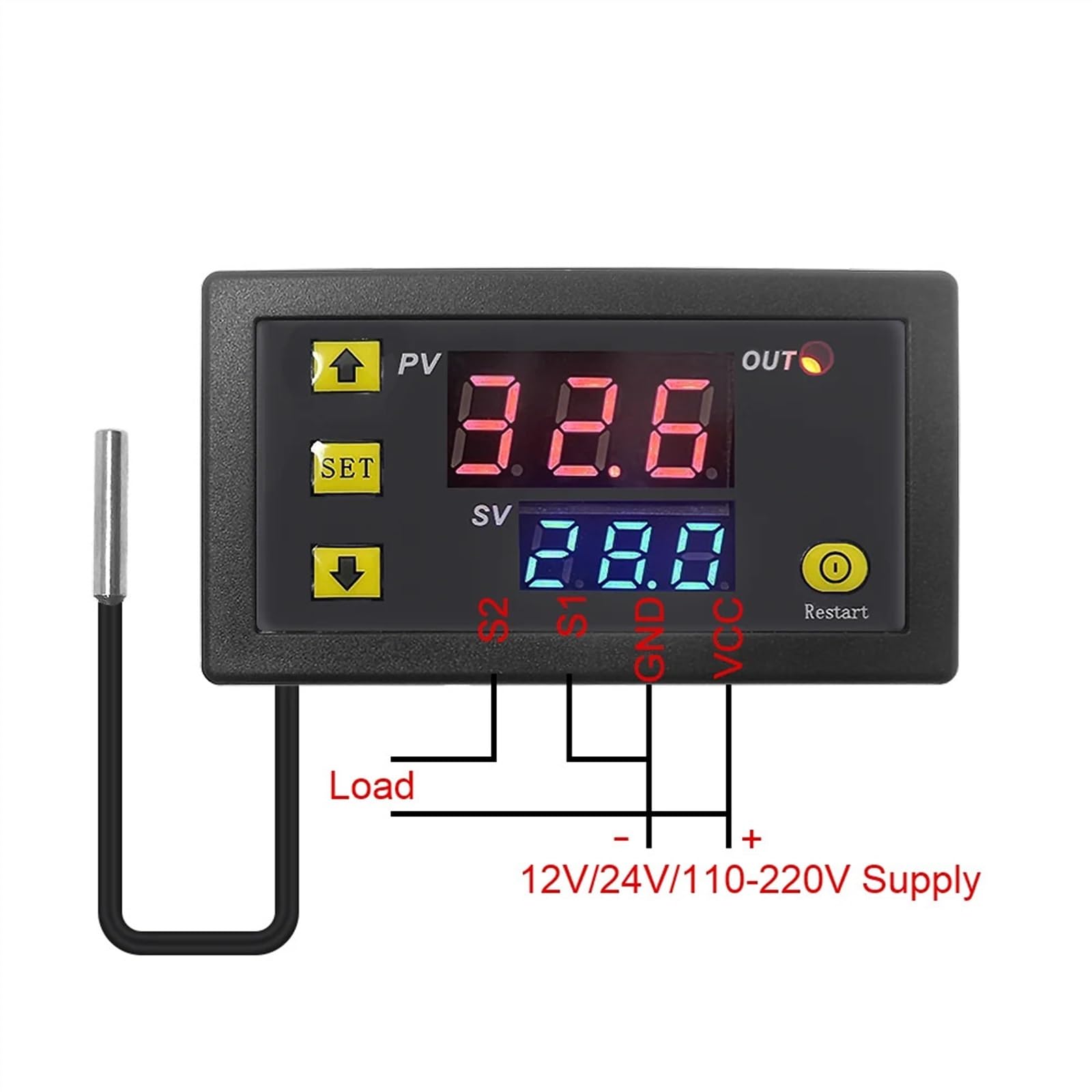 Termostato controlador de temperatura digital W3230 DC 12V 24V CA 110V-220V pantalla LED calefacción refrigeración sonda impermeable negra (KT3003 12V DC)