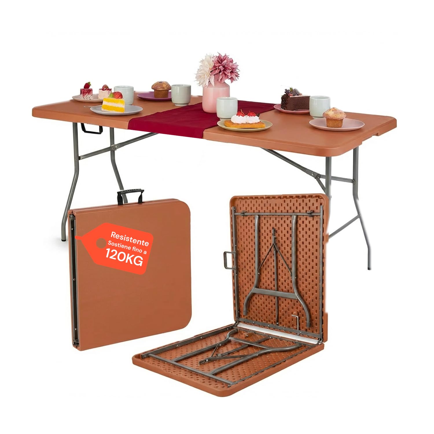 Avilia - Tavolo Pieghevole da Pranzo Salvaspazio per Cucina e Soggiorno, Richiudibile e Portatile con Blocco di Sicurezza, Superficie in HDPE per 6 Persone, 180x70x74 cm (Marrone)