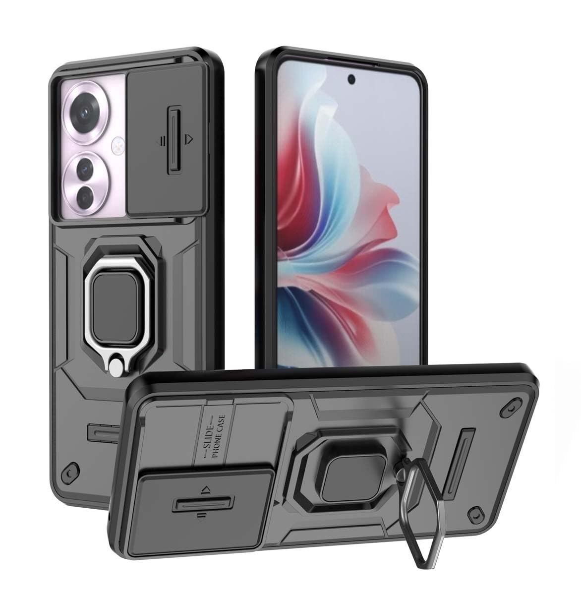 GOKEN Case for Oppo Reno 11F 5G, Premium Soft Silicone & Durable PC Armor with Flexible 360° Rotating Ring & Slide-Cover Lens Protection - Black