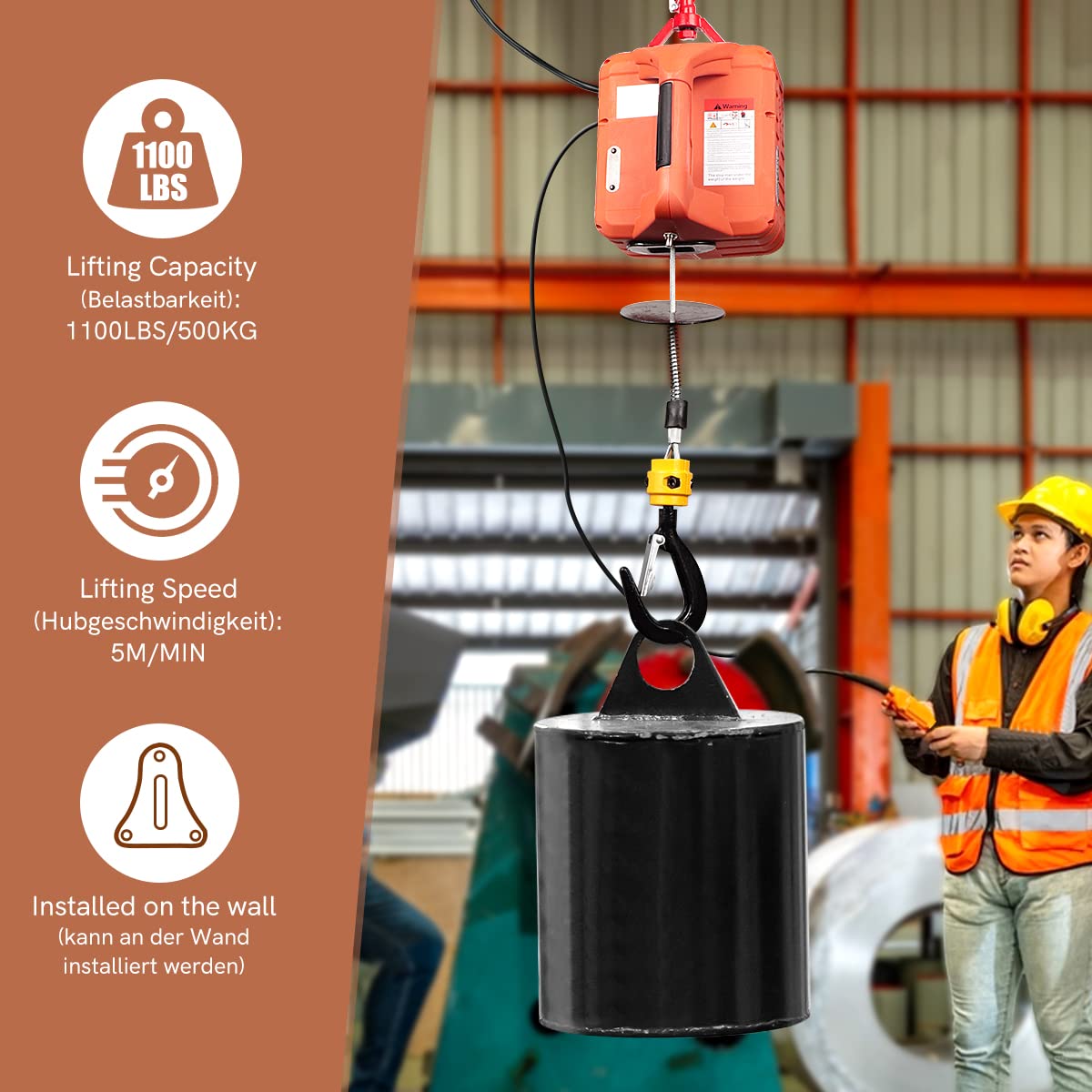 3 en 1 Polipasto Eléctrico 500KG,1500W Montacargas Cabrestante Eléctrico Portátil 220V con Eslinga de 7.6m para Elevación,Manual/Cable/Control Remoto,5M/Min