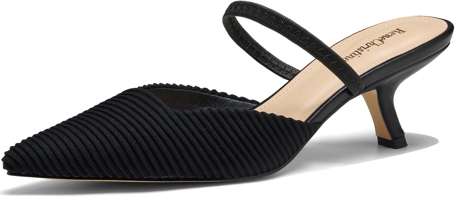 Kitten Heels for Women Closed Pointed Toe Slingback Pumps Whith Elastic Strap 2.36" Stiletto High Heels Slip On Heeled Mules Sandals Work Party Dress Shoes