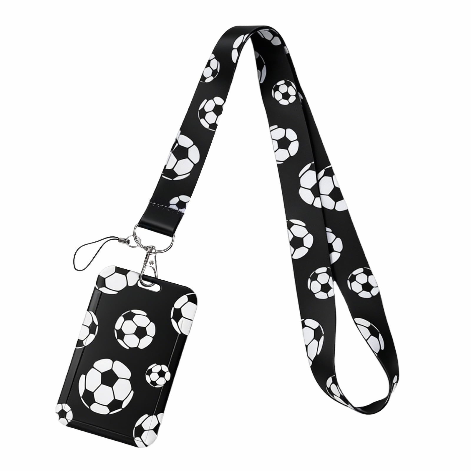 Football Pattern Lanyard with Card Holder, Neck Lanyard with Sliding Badge Holder for ID Cards Keys, Neck Strap with Hard Vertical Card Protector for Office School Exhibitions Sport Events (Black)
