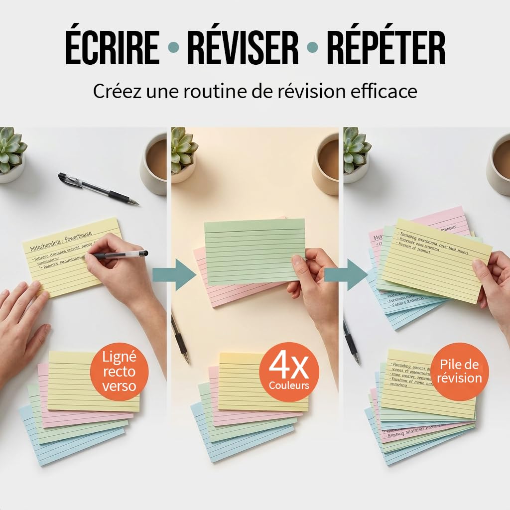 The Paper Shop Fiches de Révision A7 Couleur Lignées - Fiches Bristol Flash Cards (1000 Fiches) | Cartes Mémoire pour École & Révisions | Index Cards Flashcards 12,7 x 7,6 cm - 1000 Fiches