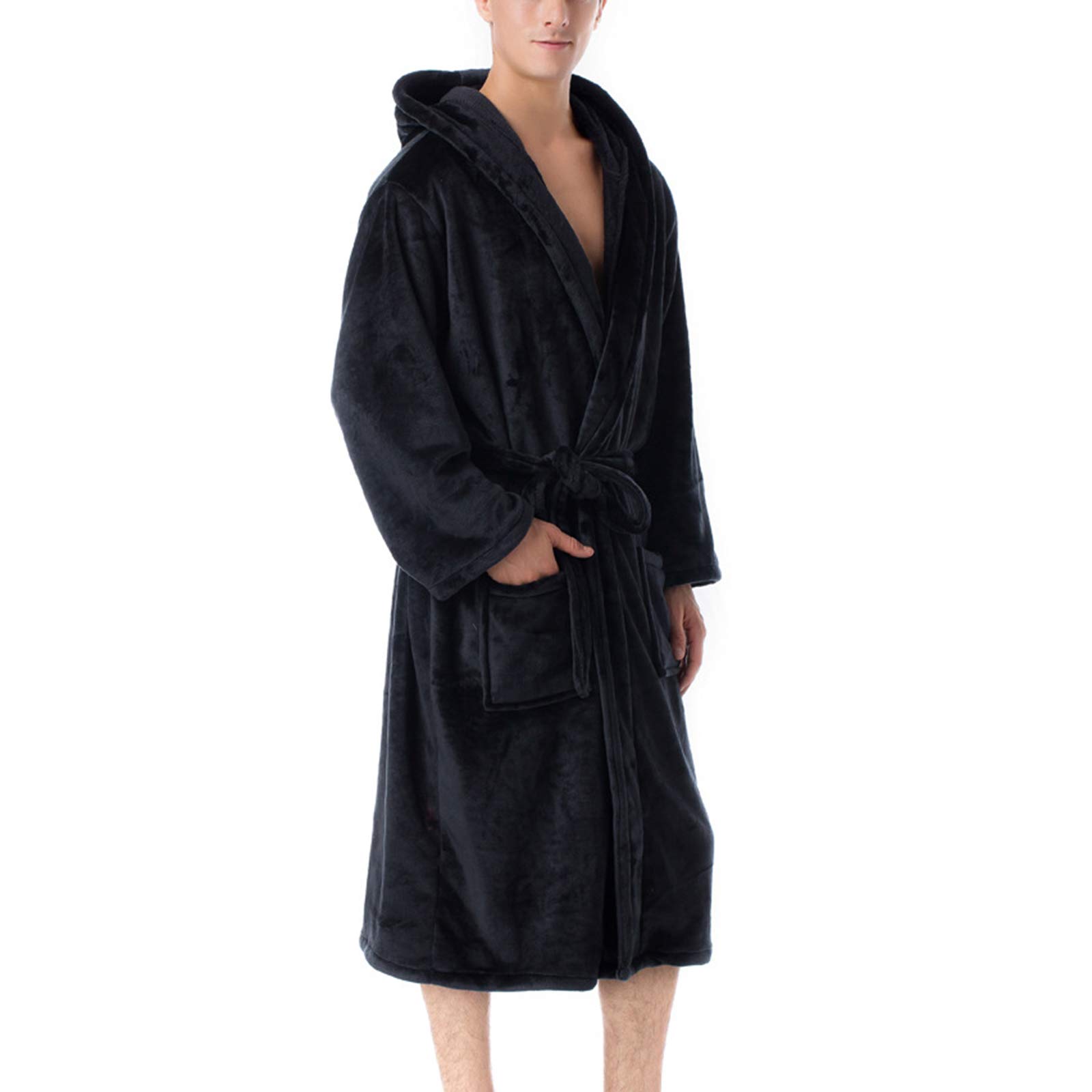 Albornoces de pijama para hombre de franela premium bata con capucha negra L