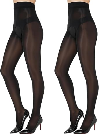 15D Crotchless Pantyhose, Shiny Shimmer Sheer Tights for women | 2 Pairs Open Crotch Pantyhose for Women, 15D Ultra Oil Shimmer Stockings with Control Top