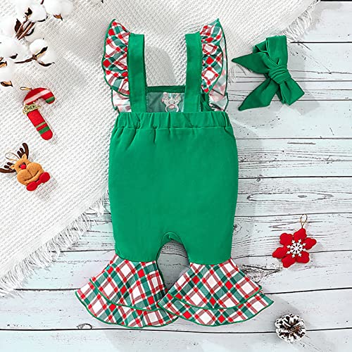 Vestido infantil para meninas de Natal sem mangas com babados e veado bordado de sino (verde, 6 a 12