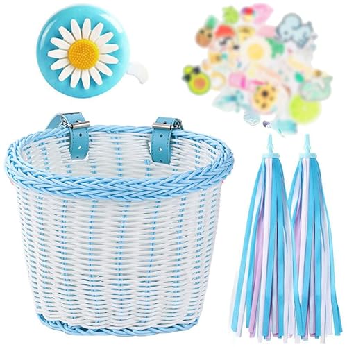 Kids Bike Basket, Kid's Front Handlebar Basket,Girl's Basket Kit, Suitable for Most Children's Bicycles and Kids Tricycles Handlebar (White Blue)