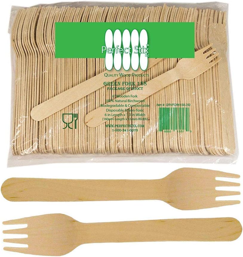 Perfect Stix Green Fork 158-250ct Disposable Wooden Forks (Pack of 250), Plain Forks