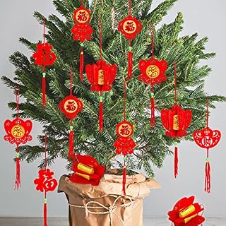 Whaline 36 Pieces Chinese New Year Decorations Chinese Knot Pendant Red Hanging Ornaments,Lucky Fu Pendants for New Year Home Office Car Trees Spring Festival New Year Decorations (6 Designs)