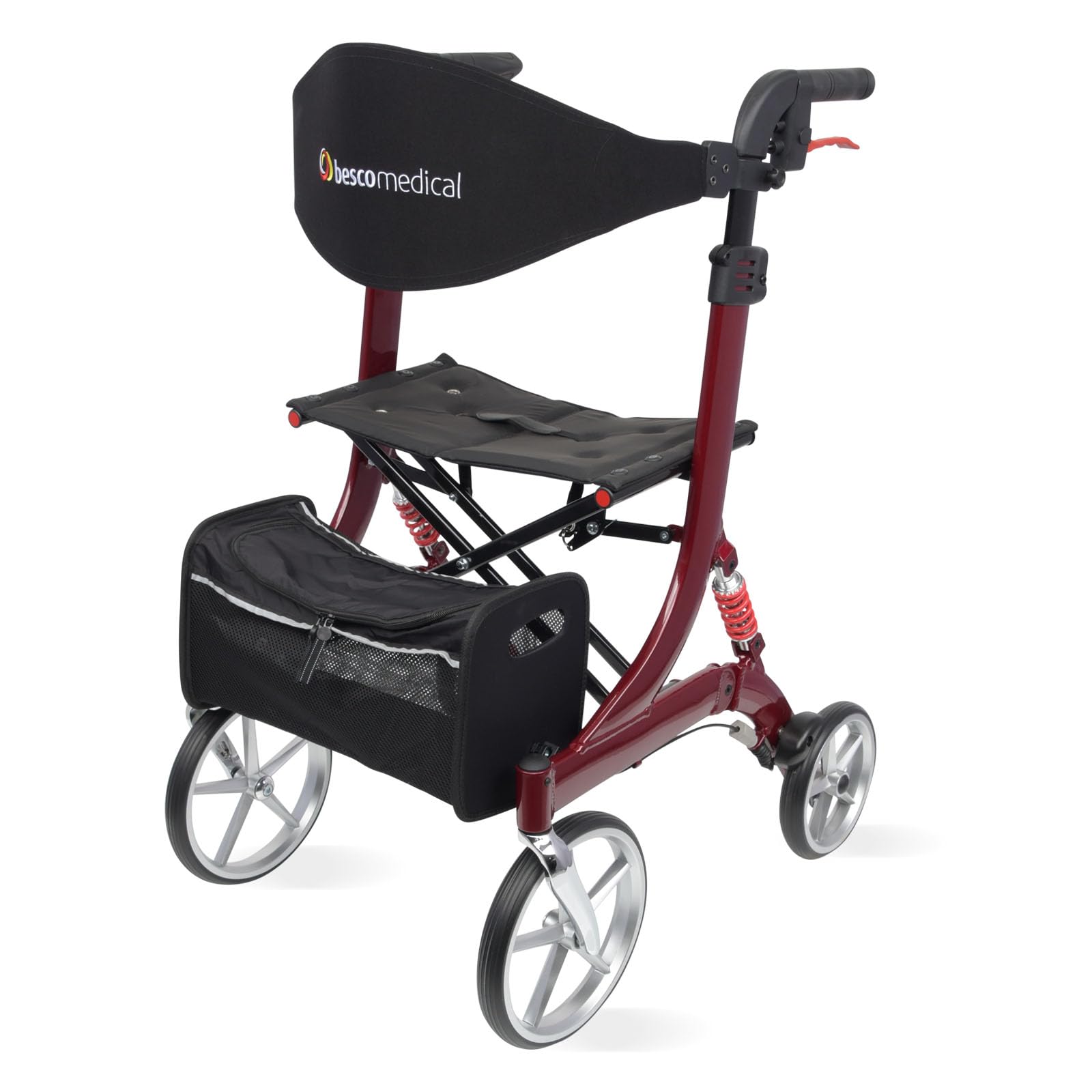Leichtgewicht-Rollator SPRING - Komfort-Federung - Modell S Bordeauxrot | höhenverstellbar & faltbar - Gehhilfe inkl. Netztasche & breitem Rückengurt - bequeme Sitzfläche - zusammenklappbar