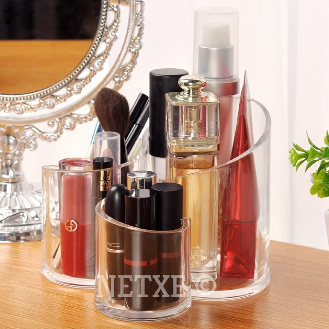 NETXE Acrylic Cosmetic Organizer for women girls Makeup Brush Holder Acrylic Nail Polish Lipstick Eyeliner Comb Storage Holder Desk Rake Organizer,dressing table organizer for home (3 Compartment)