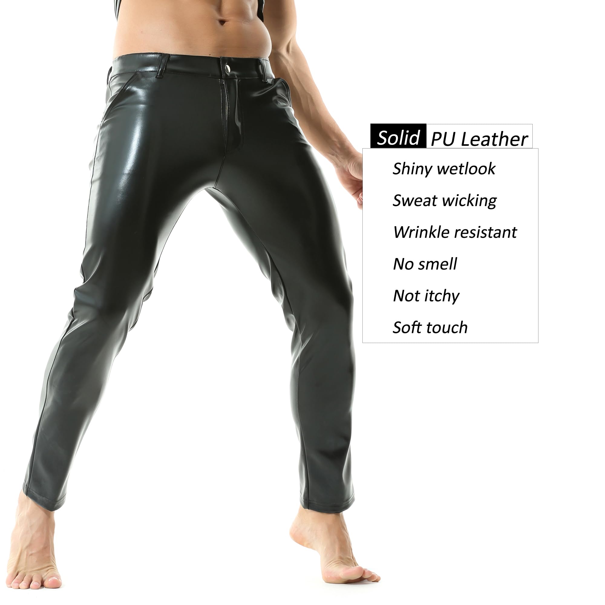 YUFEIDA Pantaloni da uomo in pelle classica effetto bagnato solido pantaloni in pelle PU tasche con cerniera slim fit pantaloni a matita caldi pantaloni legging per moto, cosplay, danza, palcoscenico