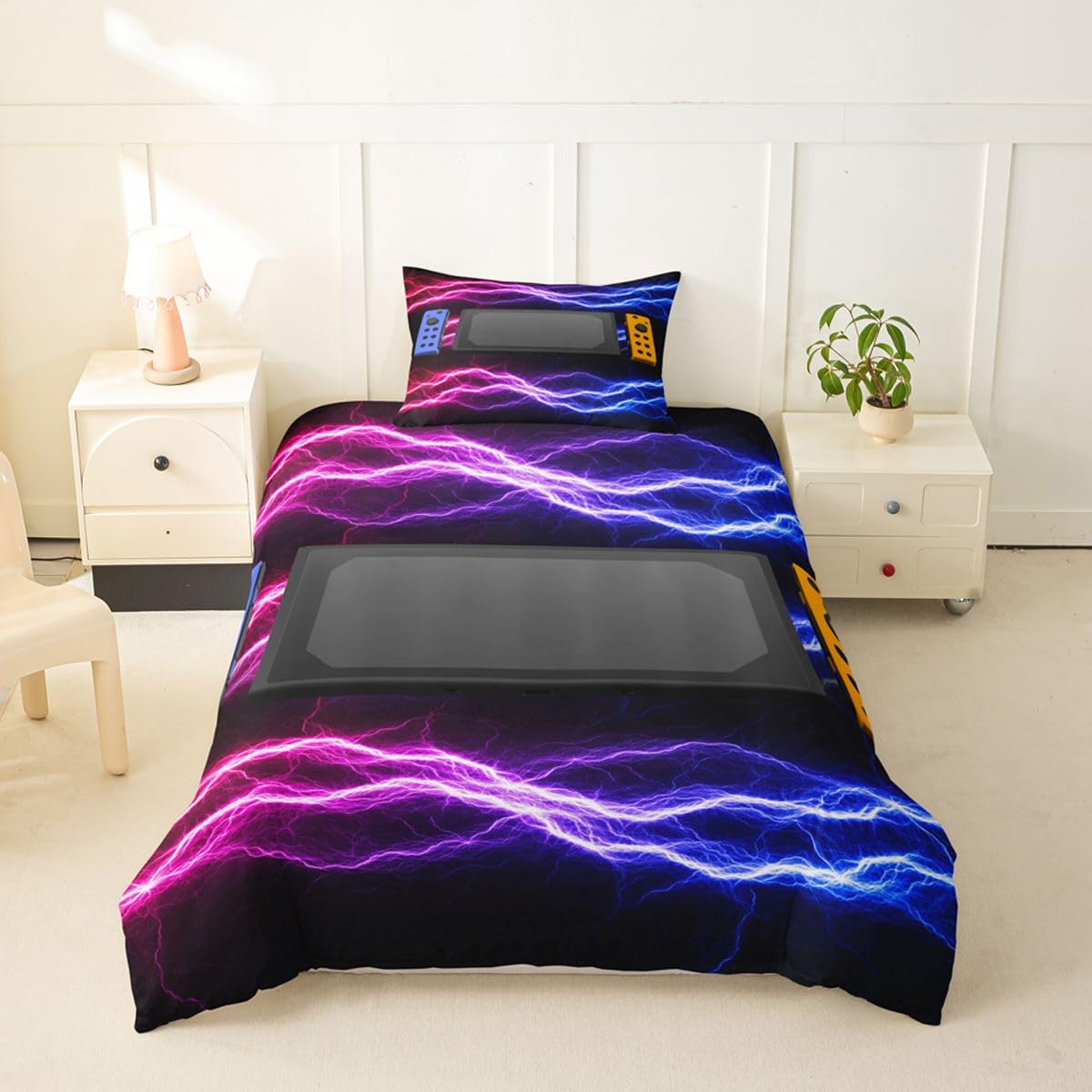 Videospiele Bettwäsche Sets 155x220,Kinder Teen Jungen Gamer Bettbezug Lightning Decor Bettwäsche Bettbezug Set Schlafzimmer Dekor Gaming Controller Bedruckt 2 Stücke mit 1 Kissenbezug,Rot Blau
