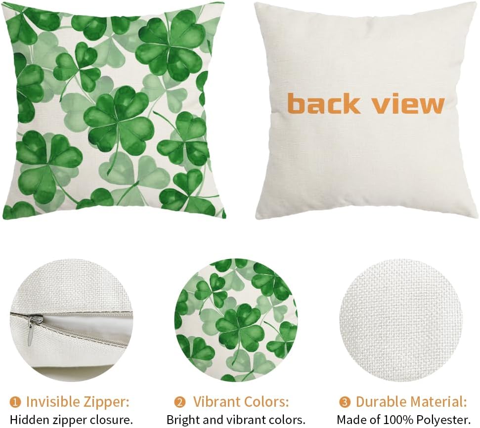 AACORS St Patricks Day Pillow Cover 18X18 Inch Shamrock Clovers Decor Farmhouse Holiday Spring Pillow Case Decorations for Home Sofa Couch (Green) - Image 6