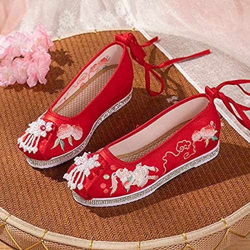 Spring Women Flats Beads Embroidered Cloth Shoes Female Hanfu Shoes Woman (Color : Red, Size : 9 Code) (Red 6 Code)3