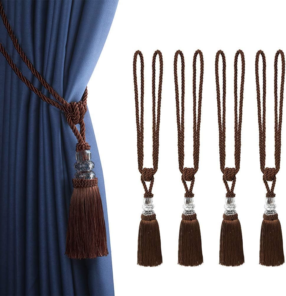 BEL AVENIR 4 Pack Curtain Hand-Woven Tiebacks Crystal Holdbacks Home Decorative Tassels (Coffee, 4 Pack) Coffee 4 Pack