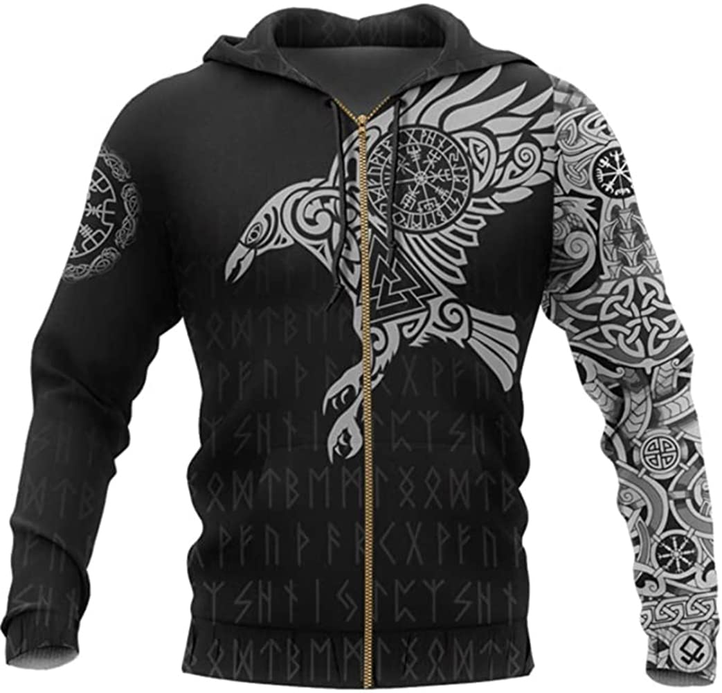 XININXIMEN Odin viking Ravens zip hoodie warriors Nordic Mythology Patten Casual Taille Plus zip up (3XL,White bird)
