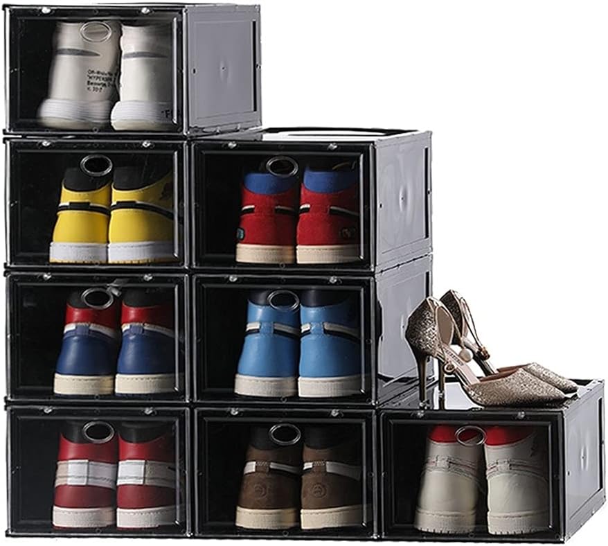 INSTY Shoe Box, Set of 8, Stackable Plastic Shoe Boxes, Drop Front Shoe Box with Clear Lids, As Shoe Storage Box and Shoe Organizer Containers for Men/Women, Fit up to US Size 12(13.4”x 9.84”x 7.1 )