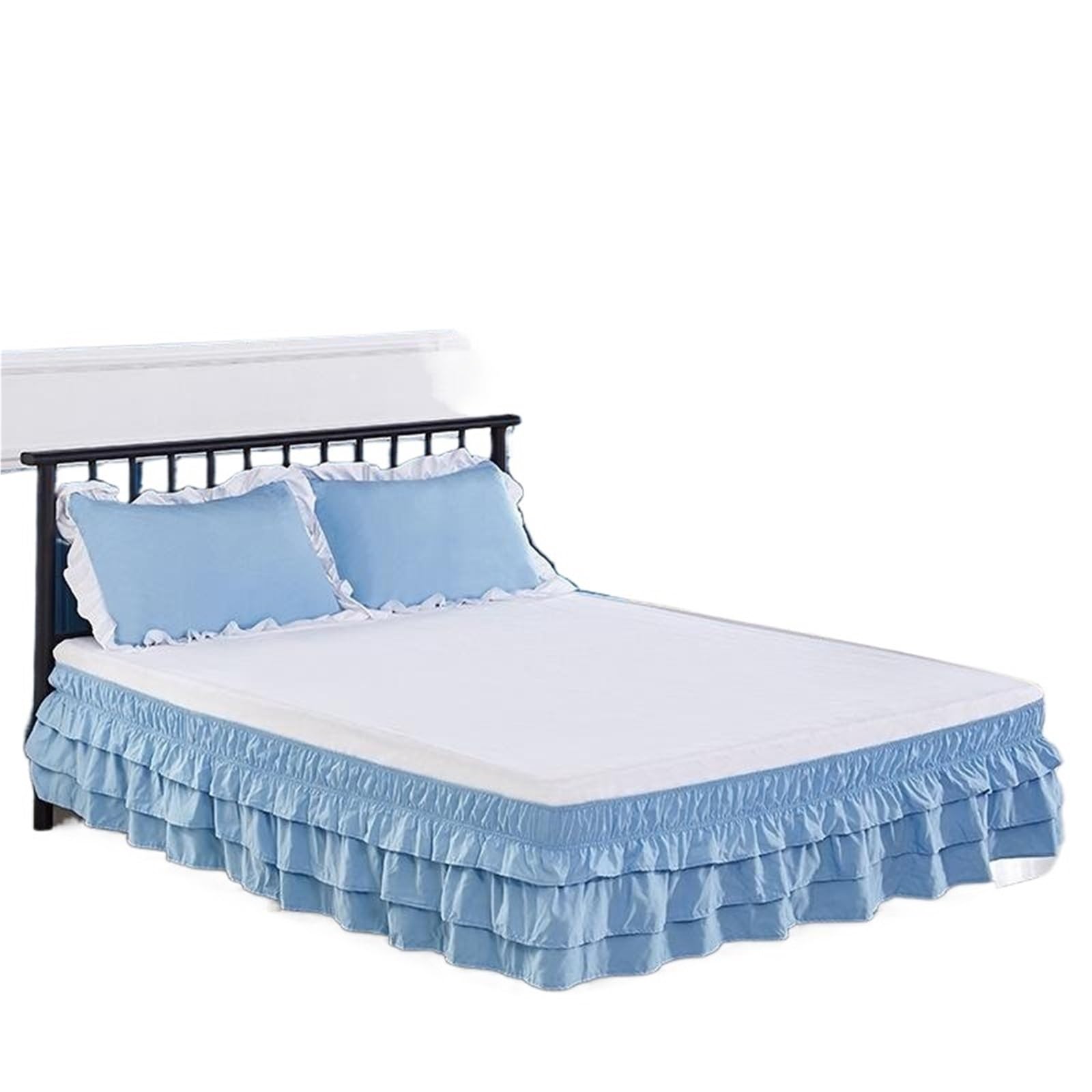 Ruffled Bedspread Three Layers Wrap Around Elastic Solid Bed Skirt Band Without Sheet(Color2,QUEEN 150x200cm)