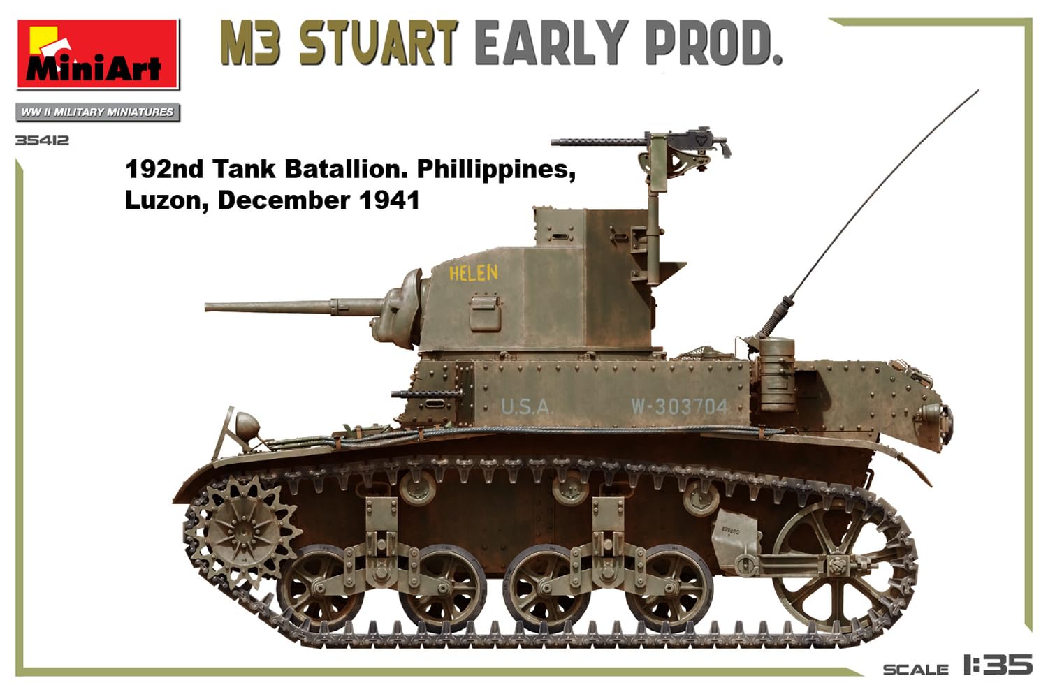 Mini Art 35412 1:35 M3 Stuart. Wczesna produkcja - wierna replika, modelarstwo, plastikowy zestaw do budowania, majsterkowanie, hobby, klejenie, zestaw modelarski, montaż, nielakierowany