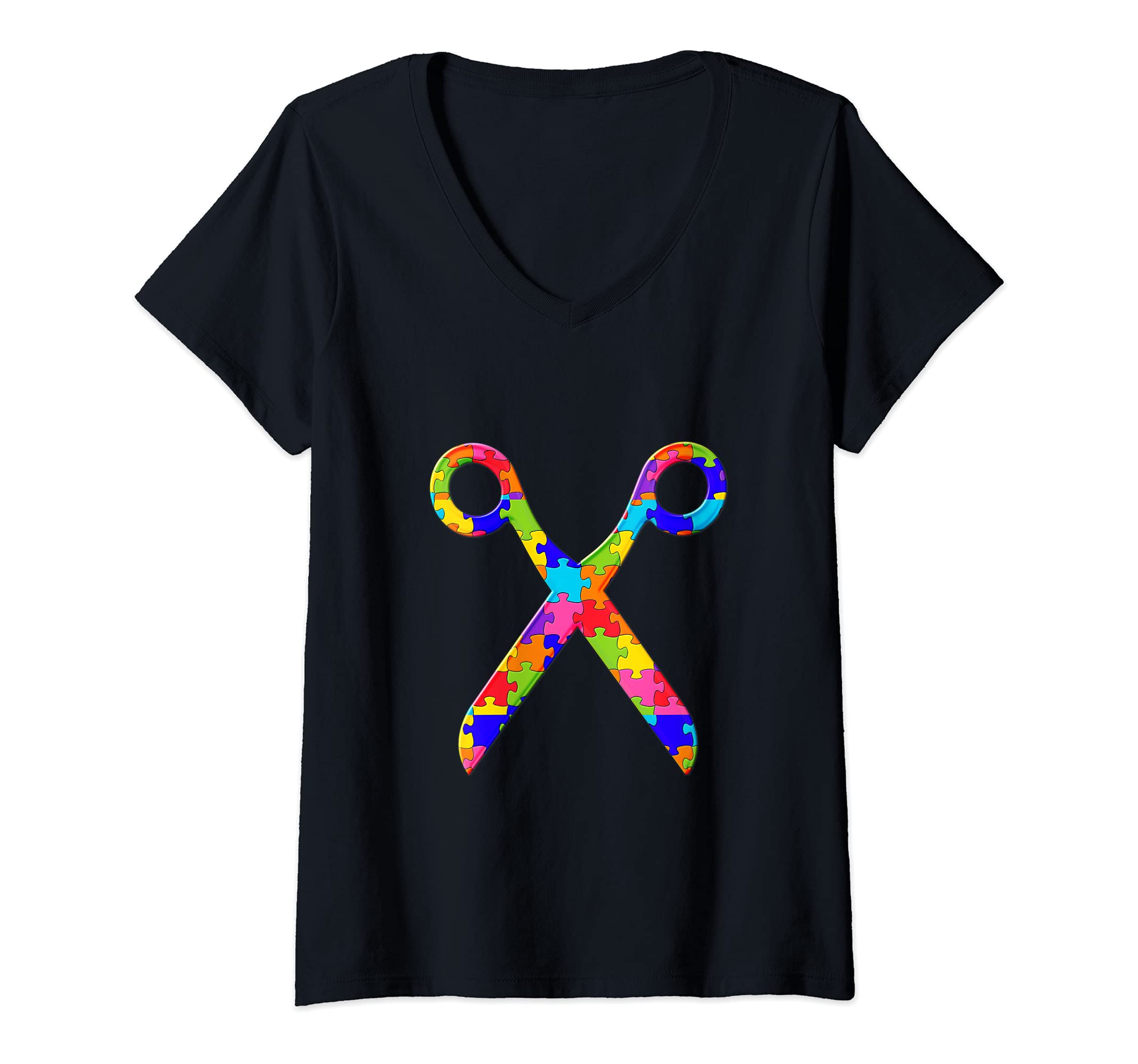 Womens Scissors Barber sew knit hairdresser Jigsaw Autism Puzzle V-Neck T-Shirt