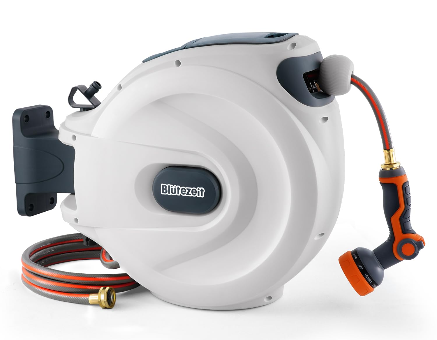 Blütezeit Retractable Garden Hose Reel, 1/2'' x 65ft Hose Reel Wall-Mount with 10-Function Spray Nozzle, Any Length Lock/180° Swivel/Automatic Slow Rewind/Heavy Duty