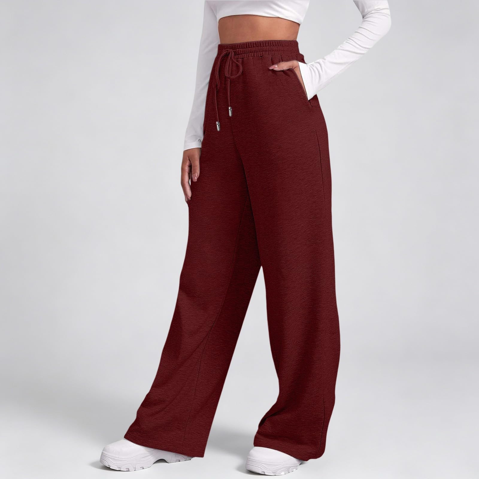 Pantalon de jogging pour femme - Avec poches - Aéré - Pantalon d'été léger - Avec cordon de serrage - Taille élastique - Pantalon de survêtement stretch - Jambe droite - Pantalon de sport décontracté