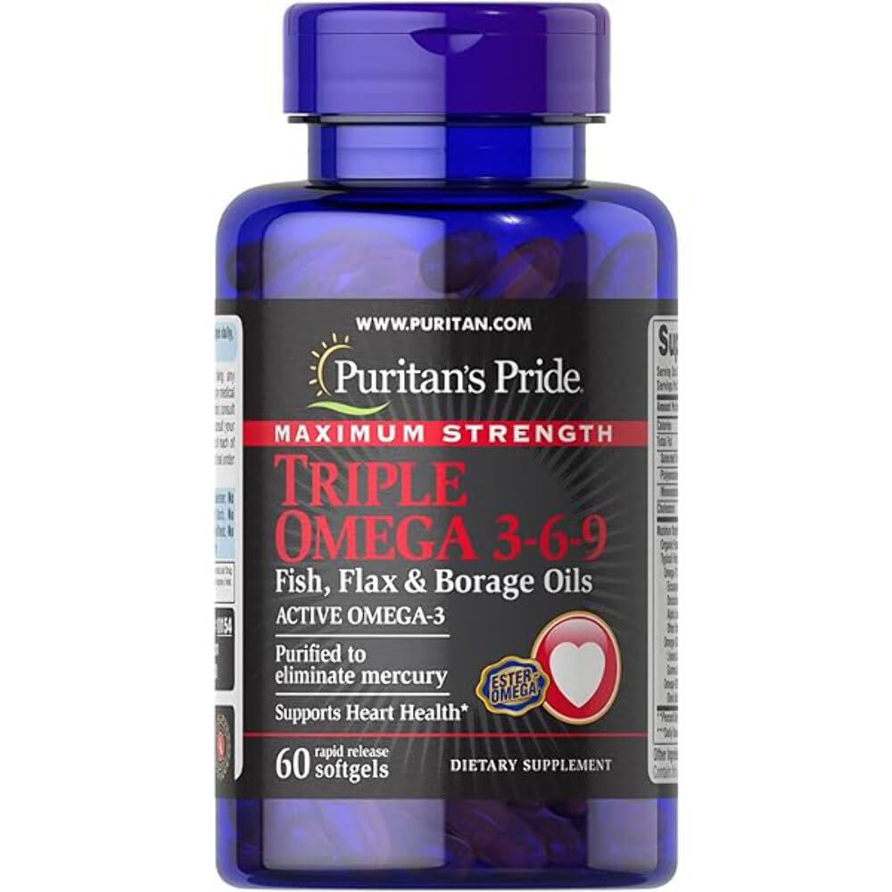 Puritan's Pride Maximum Strength Triple Omega 3-6-9 Fish (3600mg) Plus Flax & Borage Oils - 60 Tabs | { MADE IN USA }