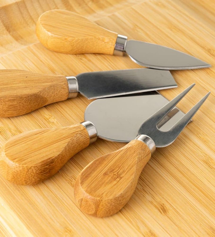 AJARVAR Organic Bamboo Cheese Board Gift Set - Wooden Charcuterie Platter Serving Tray for Meat, Fruit & Crackers - Includes 4 Stainless Steel Knives, Slate Labels-Po1 1
