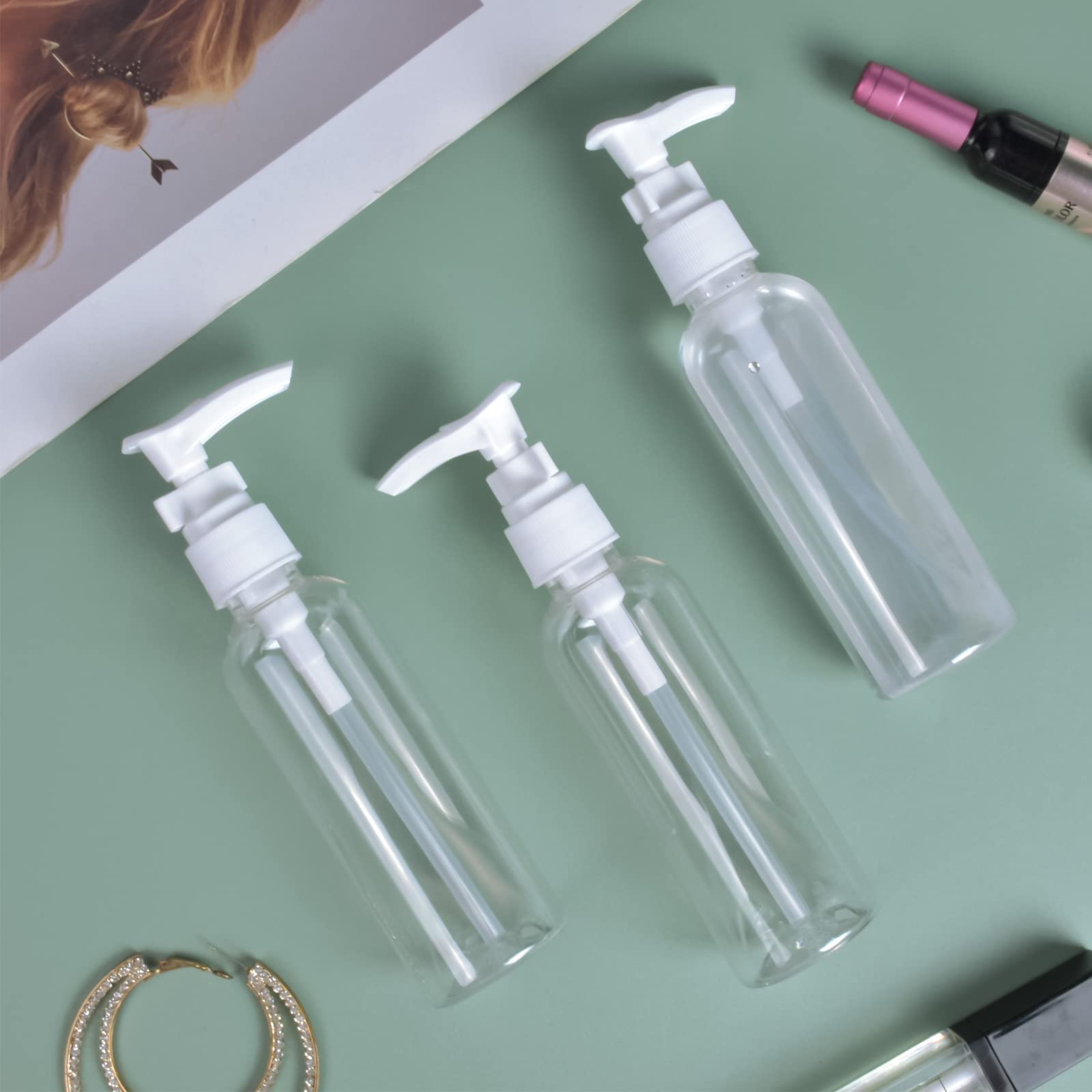 3 Pezzi 100 ml Bottiglie da Viaggio Trasparenti in Aereo Vuote, Pompa da Viaggio in Plastica Dispenser, Boccette Contenitori Ricaricabile, per Cosmetici, Lozione, Bagno, Shampoo Liquidi