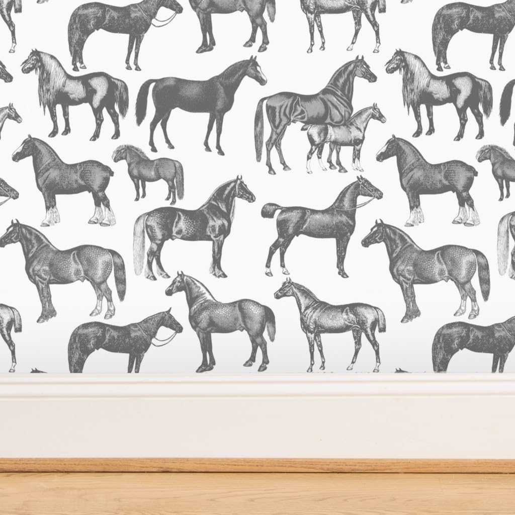 Spoonflower Commercial Grade Wallpaper 27ft x 2ft - Victorian Horses Large Print Black White Vintage Style Pony Equestrian Traditional Wallpaper