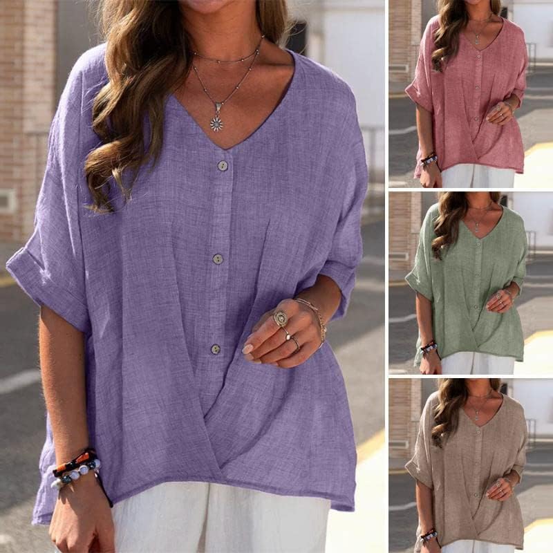 Andongnywell Women Button Down Shirts Cotton Linen Casual Collar Blouses V-Neck Pullover Loose Breathable Shirt