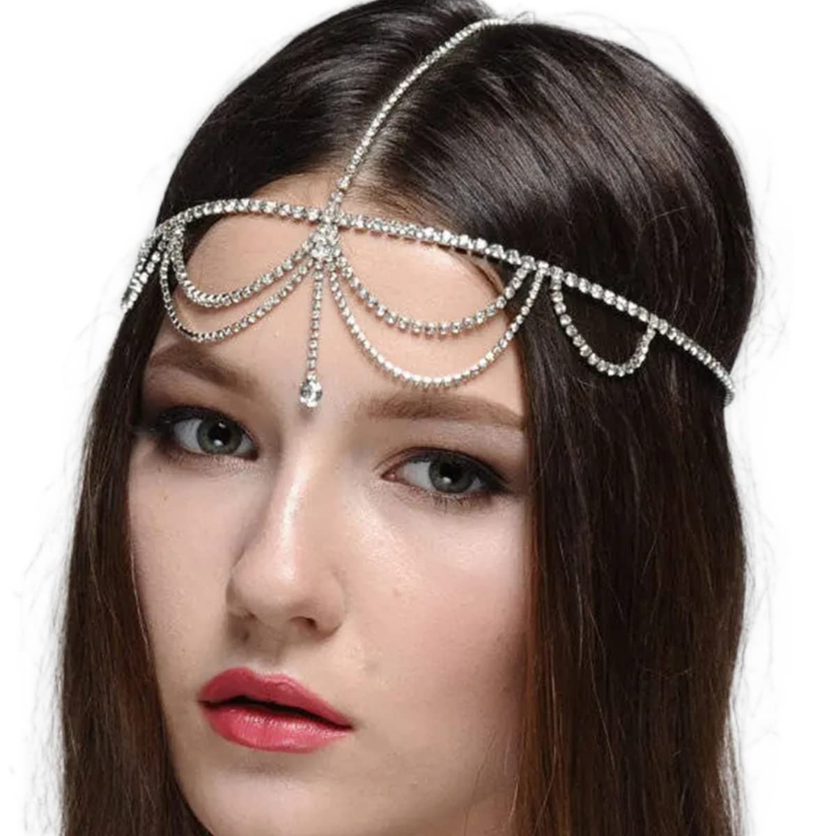 STONEFANS Bridal Layered Rhinestone Head Chain Headpiece Boho Tassel Forehead Hair Chain Accessories for Women Wedding