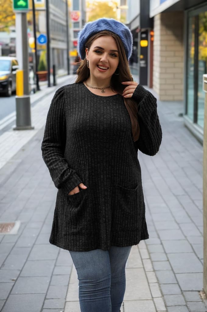 OFEEFAN Long Sleeve Shirts for Women Long Sweaters with Pockets Tunic Tops Loose Fit - Image 2