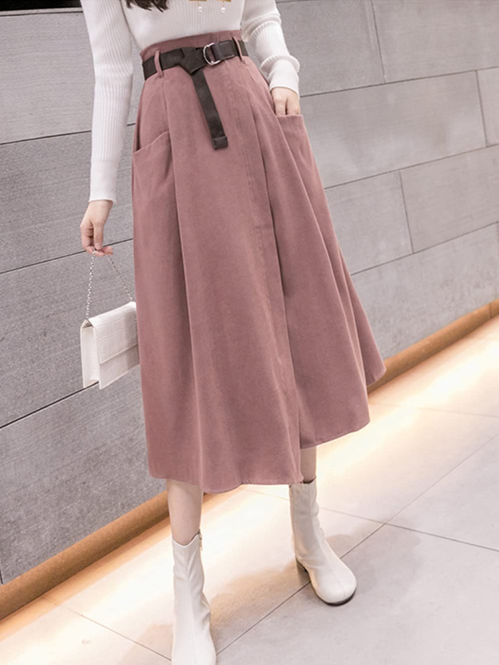 Faldas De Invierno para Mujer, Falda De Invierno Rosa para Mujer Cintura Elástica Falda Midi De Talle Alto con Bolsillos Cinturón Faldas Fruncidas Informales El(As Shown M)