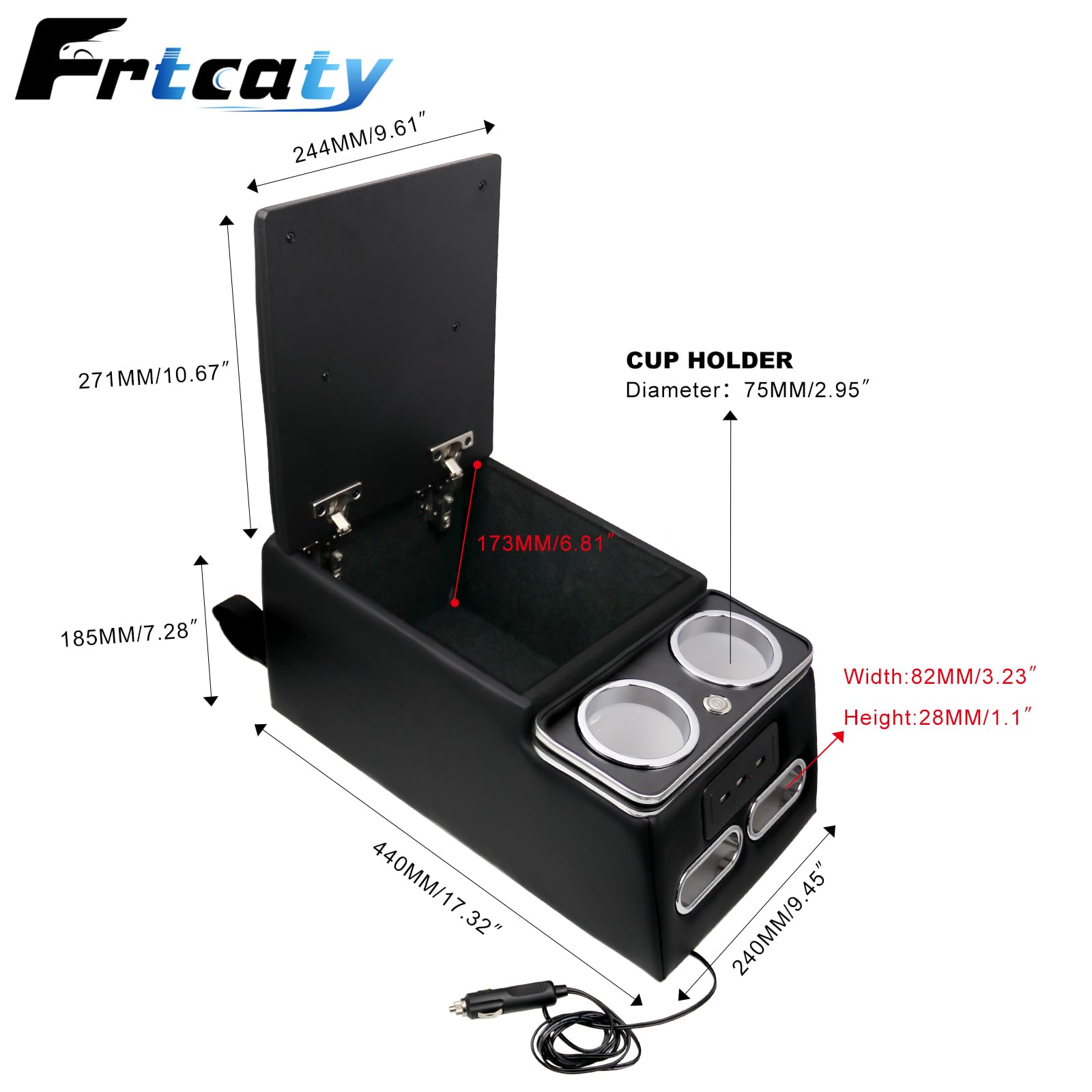 Czarny uniwersalny organizer na siedzenie ciężarówki, konsola do siedzenia z tyłu ze światłem LED, portem USB, uchwytami na kubki, podłokietnikiem i wyściełaną górną pokrywą, środkowy