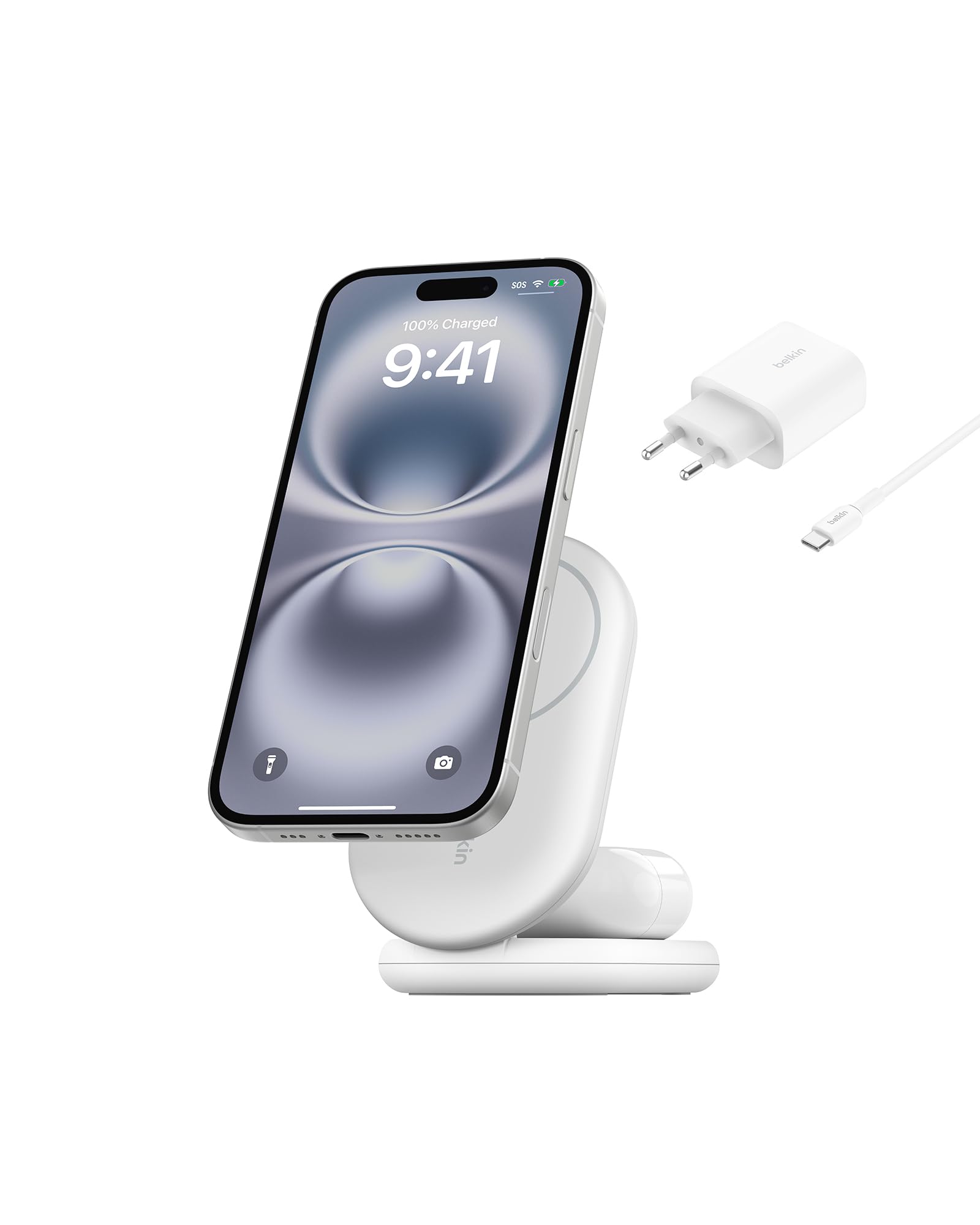 Belkin BoostCharge magnetyczna, składana ładowarka Qi2 2 w 1 o mocy 15 W, ładowarka bezprzewodowa zgodna z MagSafe do Apple iPhone 16/15/14/13, z antypoślizgową podstawą, zasilacz w zestawie – biała